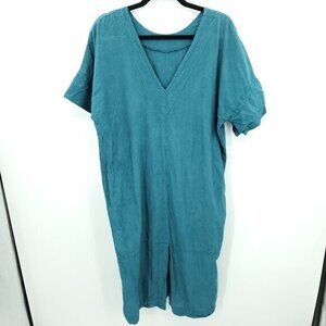 Len.Ok 100% Linen Relaxed Fit V-Neck Short Sleeve Dress M Blue/Green/Teal